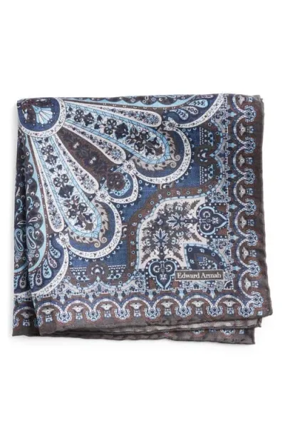 Edward Armah Persian Design Silk Pocket Square In Charcoal/blue