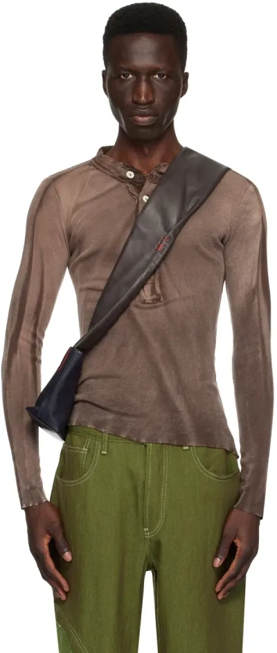 Edward Cuming Brown Raw Edge Henley In Washed Brown