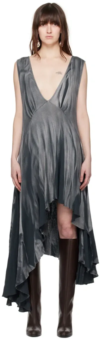 Edward Cuming Gray Plunging V-neck Midi Dress In Washed Black