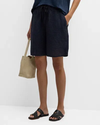 Eileen Fisher Puckered Check Organic Linen Shorts In Ocean