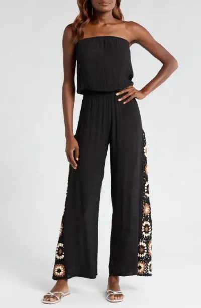 Elan Crochet Inset Strapless Cover-up Jumpsuit In Black Multi