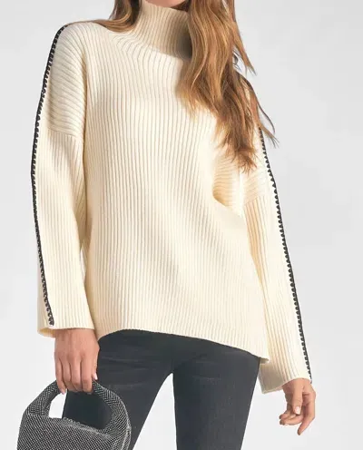 Elan Contrast Trim Mock Neck Sweater In Beige