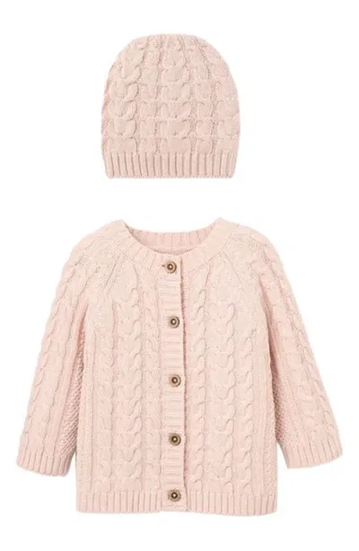 Elegant Baby Horseshoe Cable Knit Cotton Cardigan & Hat Set In Pink