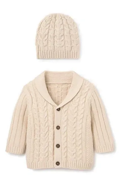 Elegant Baby Horseshoe Cable Knit Cotton Cardigan & Hat Set In Rainy Day