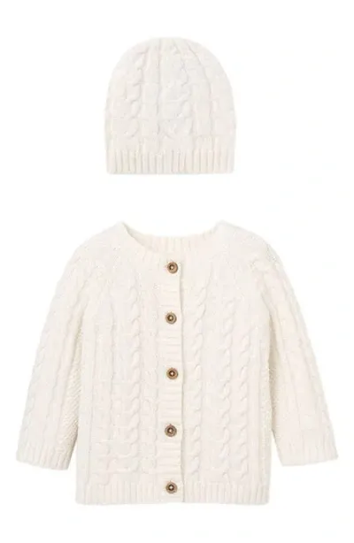 Elegant Baby Horseshoe Cable Knit Cotton Cardigan & Hat Set In White