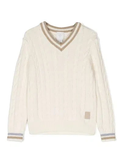 Eleventy Cable-knit Stripe-trim Jumper In Nude