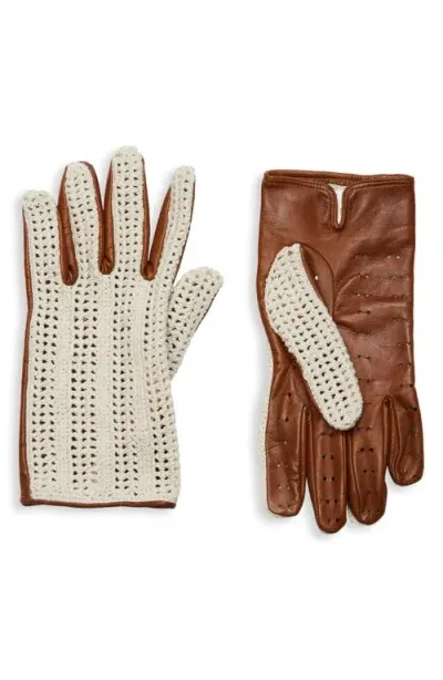 Eleventy Crochet & Sheepskin Leather Driving Gloves In Ivory And Camel