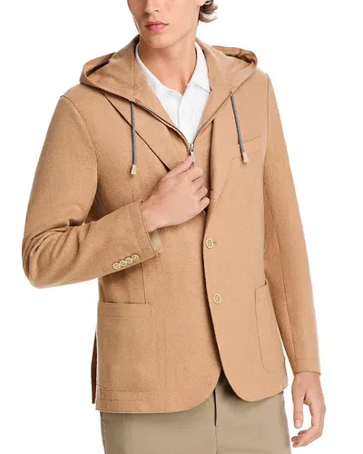 Eleventy Flannel Regular Fit Sport Coat With Removable Full Zip Hoodie In Dark Camel