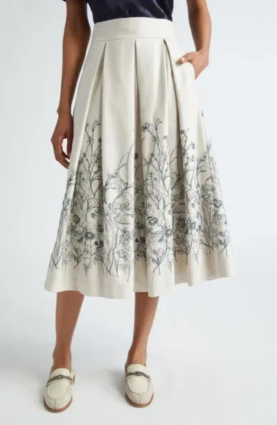 Eleventy Floral Embroidered Pleated Midi Skirt In Ivory