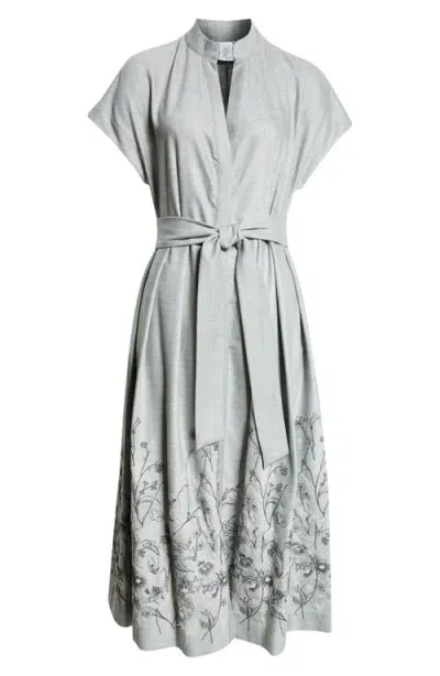 Eleventy Floral Embroidered Wool Blend Belted Shirtdress In Light Grey Melange