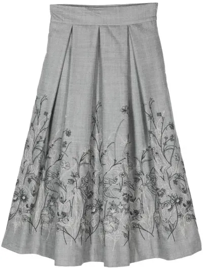 Eleventy Floral-embroidery Midi Skirt In Grey