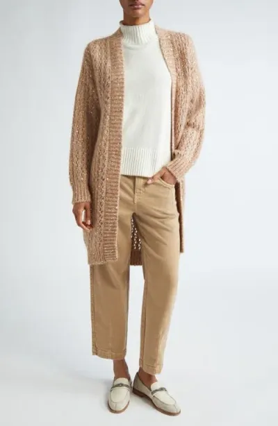 Eleventy Sequin Open Front Longline Cardigan In Camel