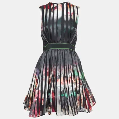 Pre-owned Elie Saab Black Printed Satin Sheer Tape Mini Dress S