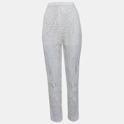 Pre-owned Elie Saab White Sequin Embroidered Tulle Straight Fit Trousers S