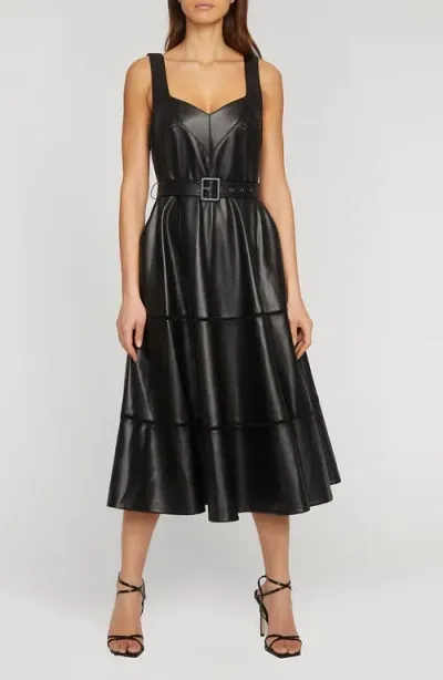 Elie Tahari The Heidi Belted Faux Leather Fit & Flare Dress In Noir