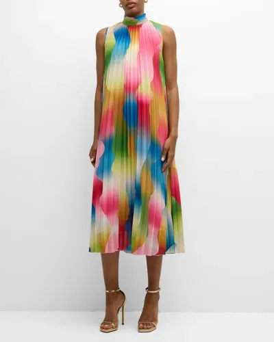 Elie Tahari The Pia Pleated Ombre Trapeze Midi Dress In Daydream Haze Printed All Over