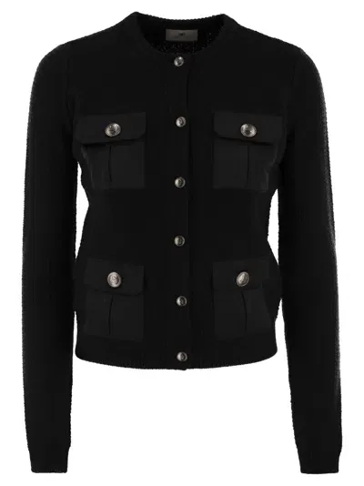 Elisabetta Franchi Bouclé Wool Cardigan With Technical Sail Cloth Pockets In Schwarz