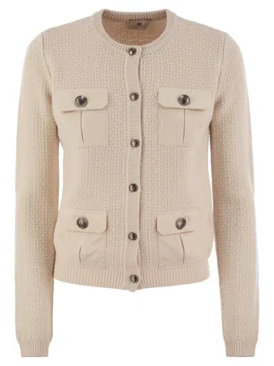 Elisabetta Franchi Bouclé Wool Cardigan With Technical Sail Cloth Pockets In Beige