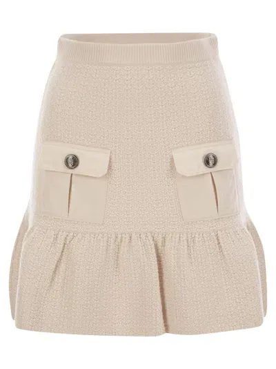 Elisabetta Franchi Bouclé Wool Miniskirt With Technical Sail Cloth Pockets In Beige