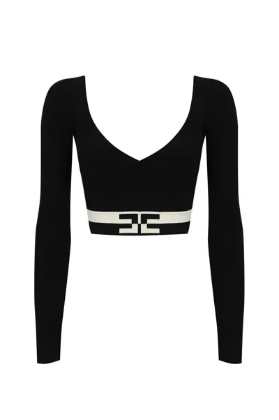 Elisabetta Franchi Cropped Top In Viscose With Logo Bands In Black