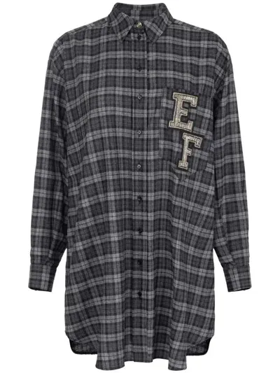 Elisabetta Franchi Patch-embroidered Tartan Shirt Dress In Grey