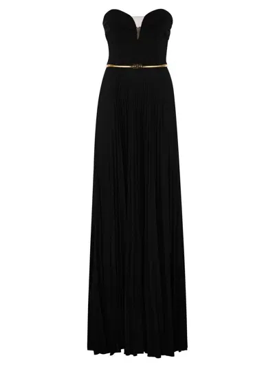 Elisabetta Franchi Pleated Lurex Jersey Red Carpet Dress With Belt In Black