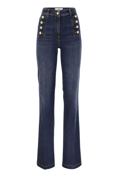 Elisabetta Franchi Stretch Cotton Flared Jeans With Side Button Fastening In Blue