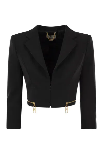 Elisabetta Franchi Stretch Crepe Cropped Jacket With Zip In Black