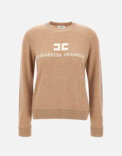 Elisabetta Franchi Logo Embroidered Crewneck Jumper In Beige