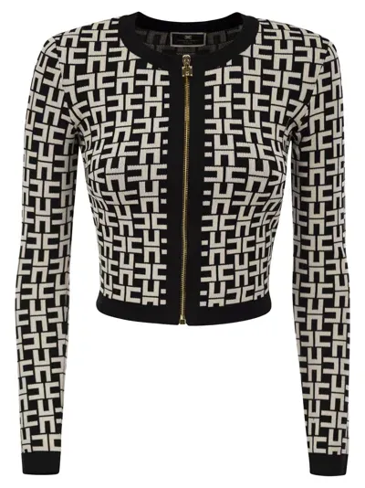 Elisabetta Franchi Viscose Jacquard Mini Cardigan In Black/butter