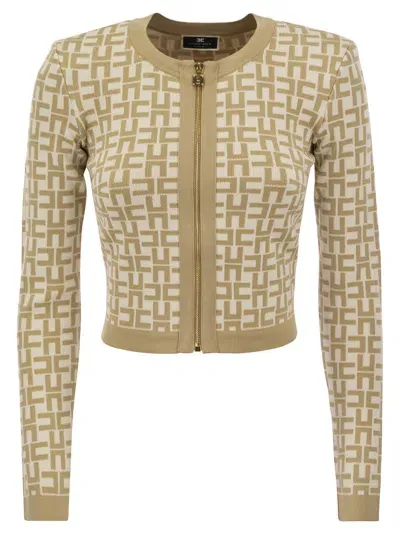 Elisabetta Franchi Viscose Jacquard Mini Cardigan In Butter/sand