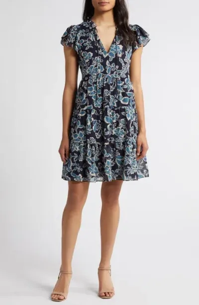 Eliza J Botanical Print Blouson Sleeve Tiered Dress In Navy