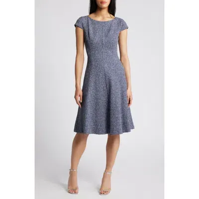 Eliza J Cap Sleeve Tweed Fit & Flare Dress In Blue