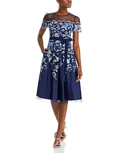 Eliza J Embroidered Illusion Neck Cocktail Dress In Navy