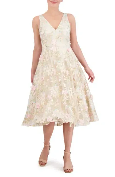 Eliza J 3d Floating Flowers Mesh Midi Dress In Champagne