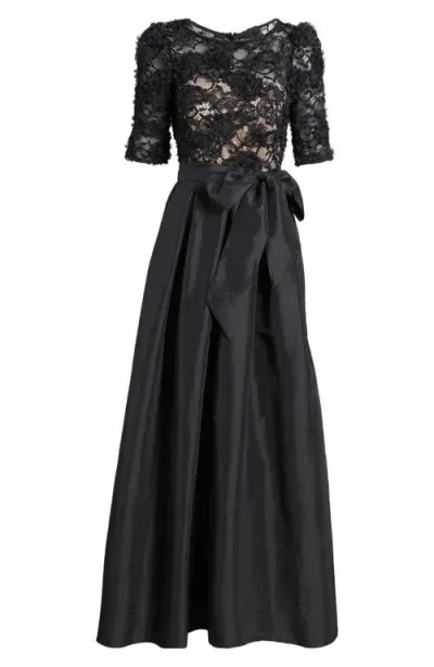 Eliza J Petite Lace-bodice Jewel-neck Gown In Black