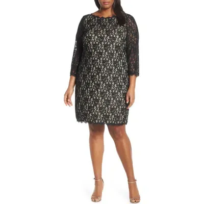 Eliza J Long Sleeve Lace Cocktail Dress In Black/nude