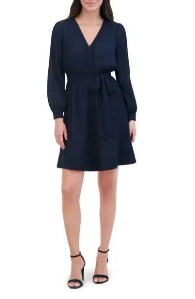 Eliza J Long Sleeve Tie Belt A-line Dress In Navy