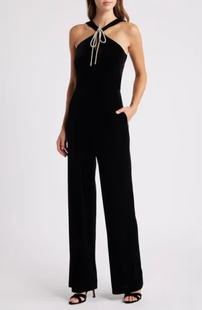 Eliza J Rhinestone Tie Neck Wide Leg Velvet Jumpsuit In Black