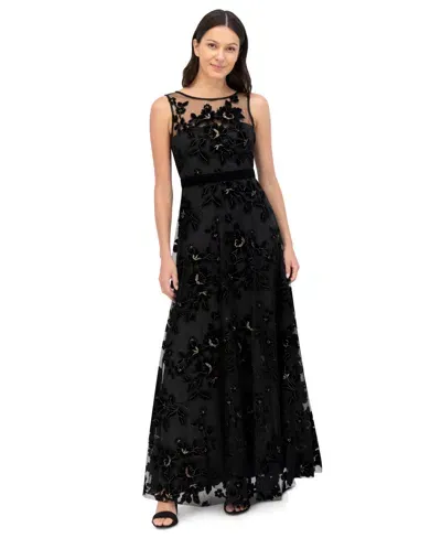 Eliza J Flocked Tulle Gown In Black