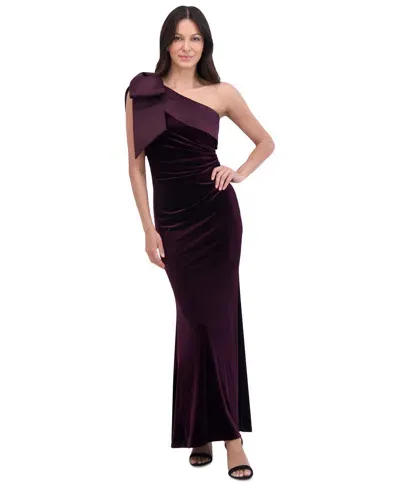 Eliza J Women's Velvet Bow-trim One-shoulder Gown In Aubergine