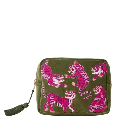 Elizabeth Scarlett Wild Tiger Fern Green Velvet Wash Bag In White