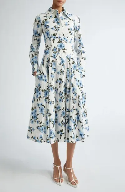 Emilia Wickstead Jancine Dahlia Print Clip Dot Long Sleeve Seersucker Dress In White