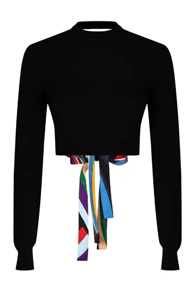 Emilio Pucci Cropped Bow-back Fine Knit Sweater In Black