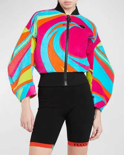 Emilio Pucci Swirl-print Velour Bomber Jacket In Fuxia/arancio