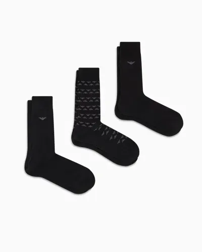 Emporio Armani 3er-pack Socken Mit Adler-jacquard In Black