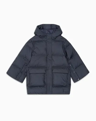 Emporio Armani Kids' Asv Hooded, Quilted-nylon Puffer Jacket With Logo Lettering And Recycled Down In Blue