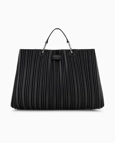 Emporio Armani Asv Medium Myea Shopper Bag In Pleated, Recycled Faux Nappa Leather In Black