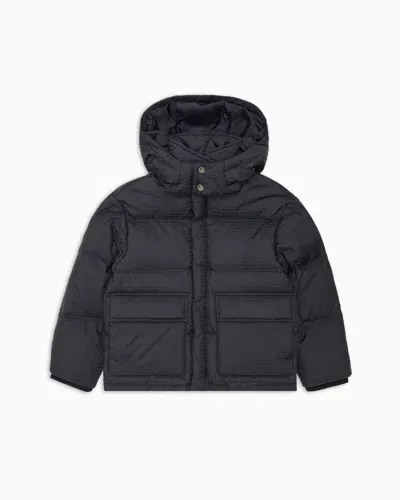 Emporio Armani Kids' Asv Nylon Puffer Jacket With Logo Lettering, Hood And Recycled Down In Blue