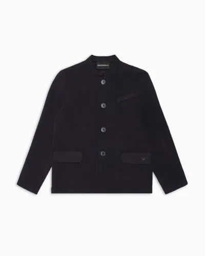 Emporio Armani Kids' Barré Fabric Guru Collar Jacket In Blue